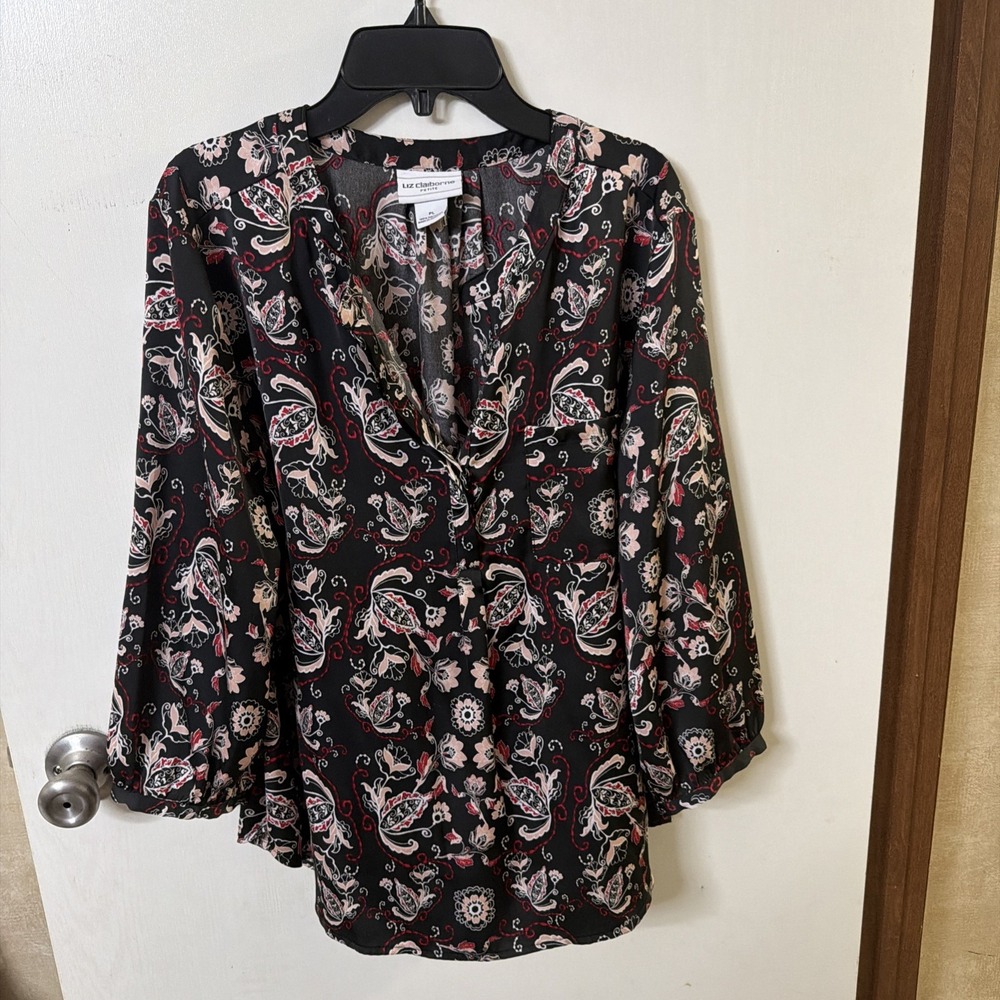 Liz Claiborne Women's  Multi Paisley Blouse Long Sleeve, Pocket, Size Petite L